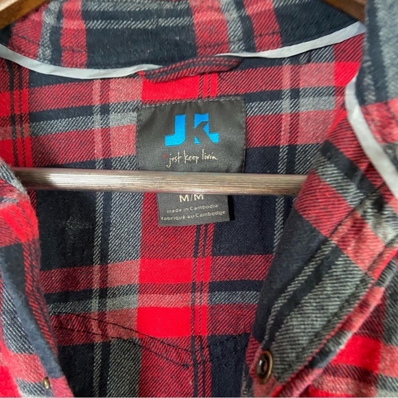 Just Keep Livin' Plaid Flannel Button Down Long Sleeve Shirt Cotton Red Medium - Picture 7 of 7